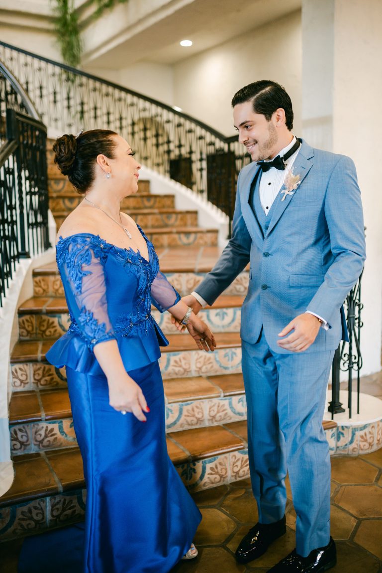 first-look-mom-groom-villa-antonia-staircase