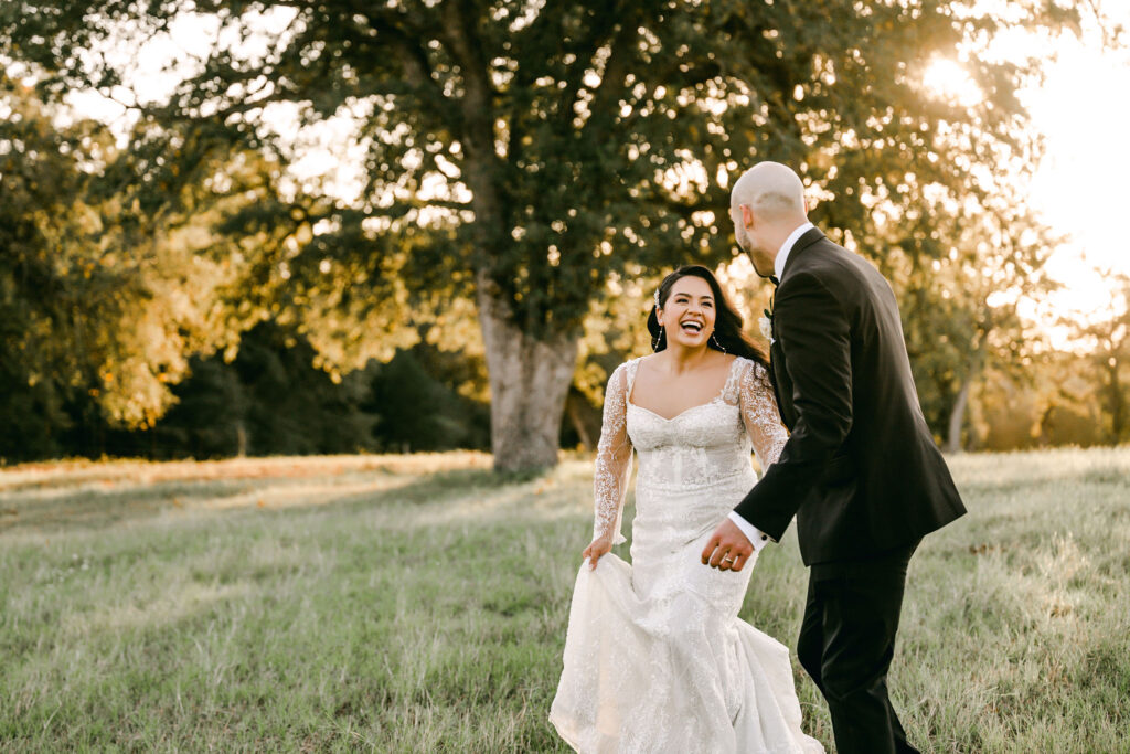 Bride-laughing-groom-sunset-Austin-hill-country-wedding