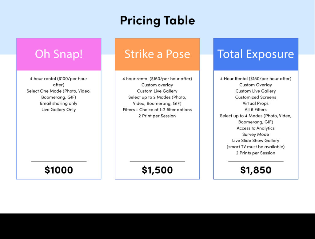 pricing table for photo booth rental
