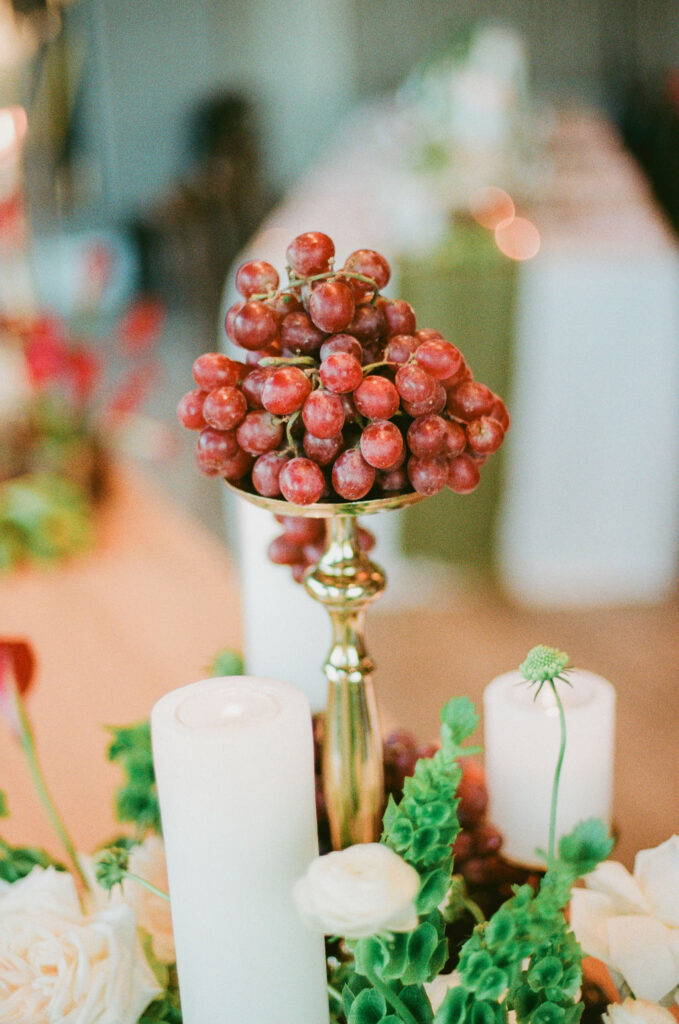 wedding film photography of centerpieces at reception